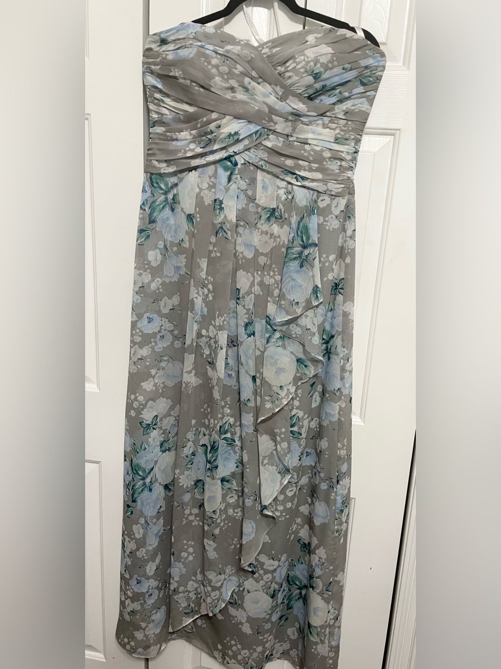 David's Bridal Gray Maxi Skirt with Blue Floral Print